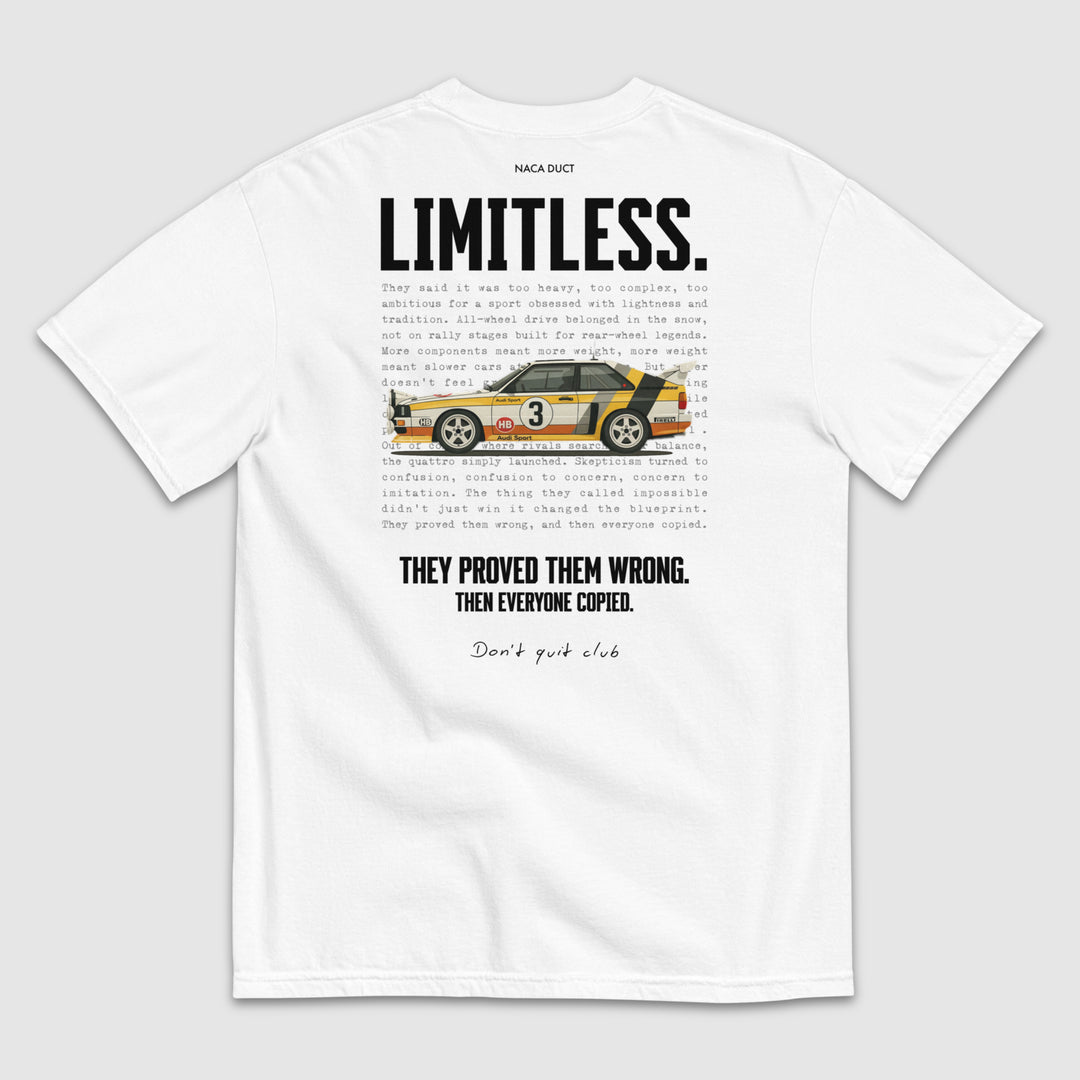 White t-shirt with Audi Quattro graphic and text on a grey background